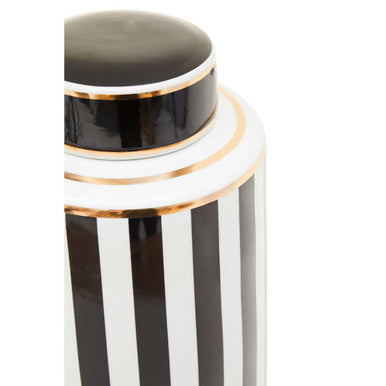 Orsina Doria Large Striped Ceramic Jar | Black and White Lidded Decor