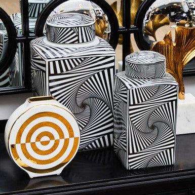 Orsina Doria Small Ceramic Jar – Black and White Geometric Lidded Canister
