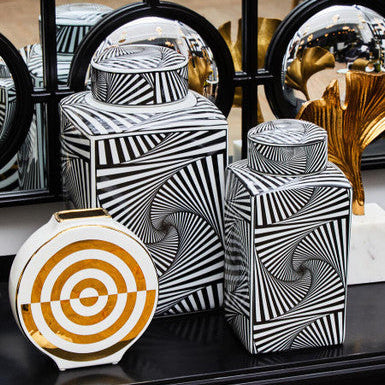 Orsina Doria Large Black and White Geometric Ceramic Jar with Lid