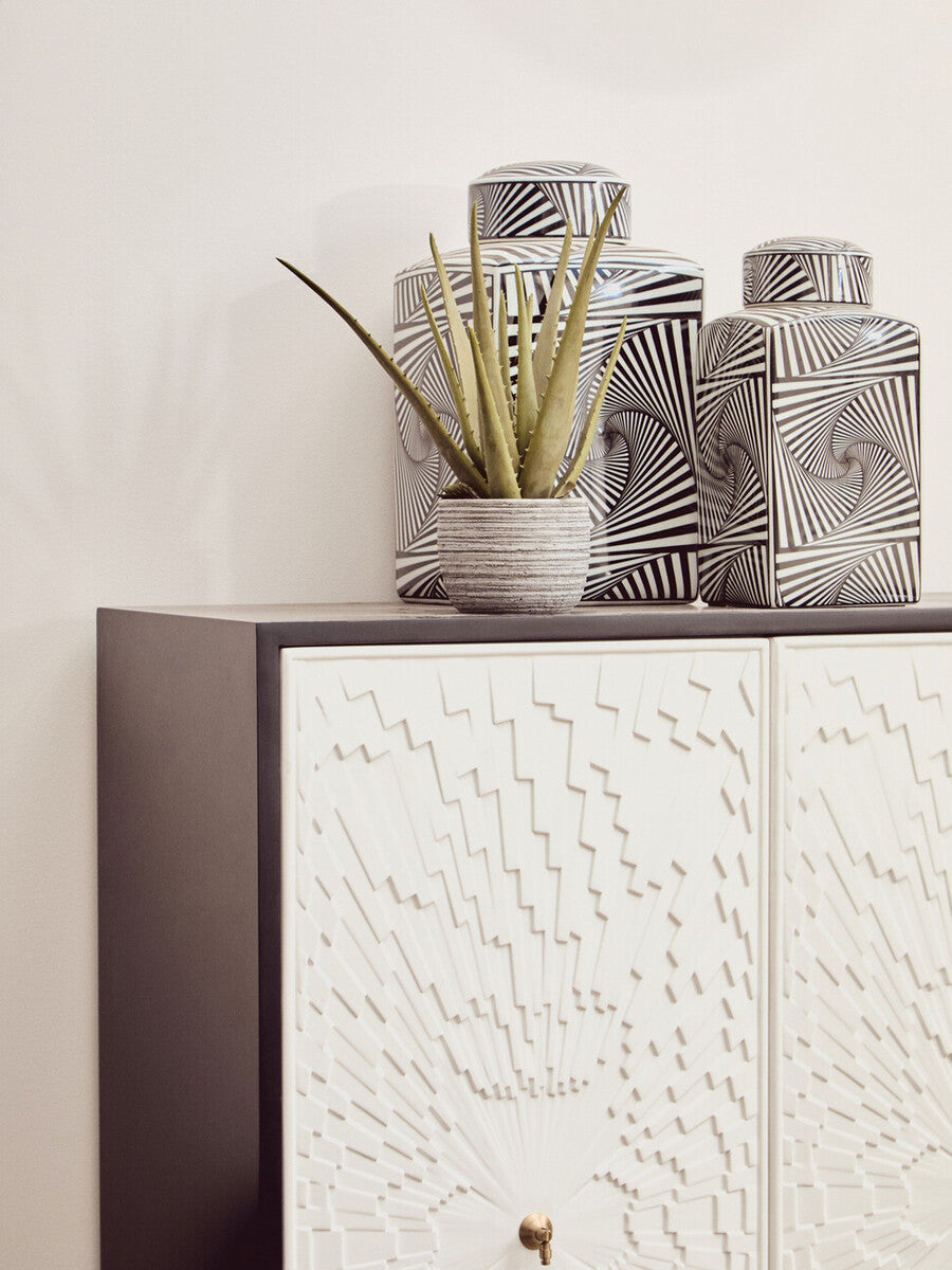 Orsina Doria Large Black and White Geometric Ceramic Jar with Lid