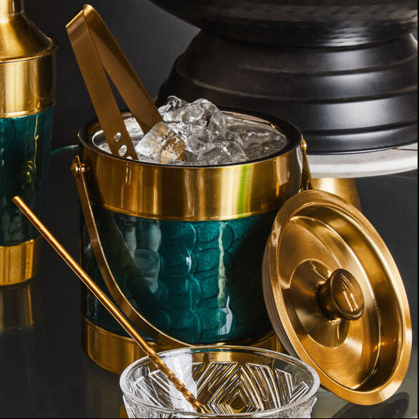 Orsina Carolina Green Enamel Ice Bucket – Gold Stainless Steel with Tongs