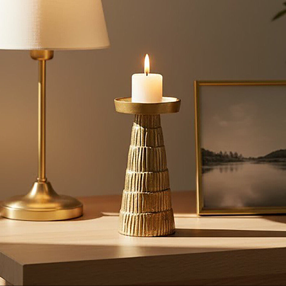 Orsina Deomali Gold Candle Holder – Hand-Etched Aluminum Decor, Small