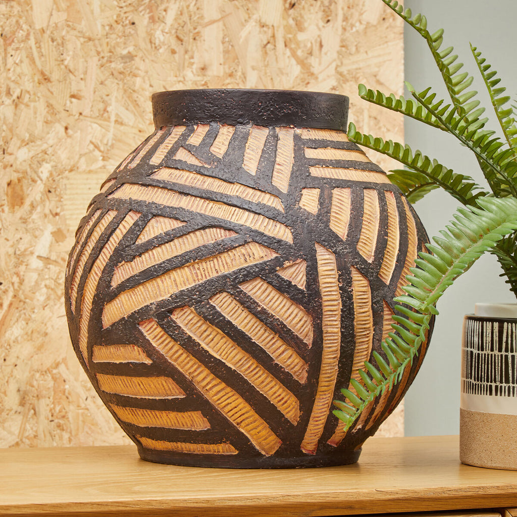 Orsina Darnell Round Ceramic Vase – Hand-Painted Natural and Black