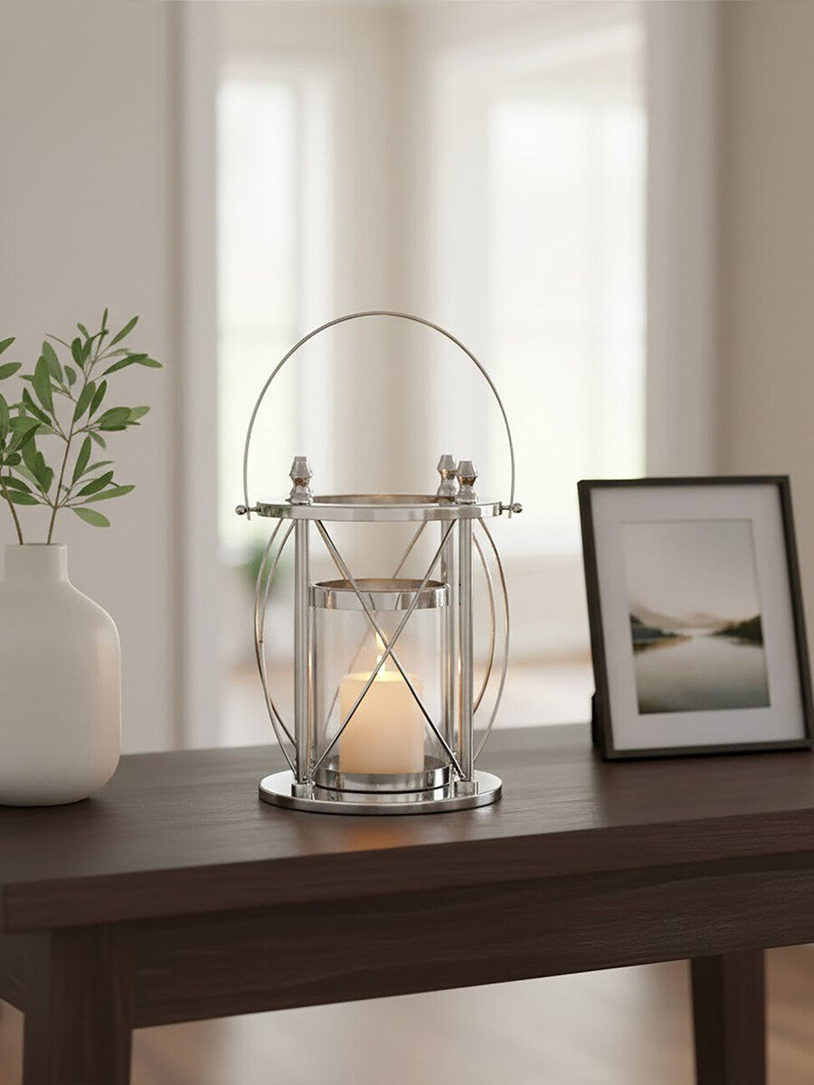 Orsina Cruzar Small Silver Lantern – Modern Steel and Glass Candle Holder