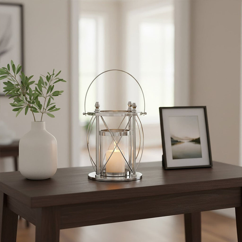 Orsina Cruzar Small Silver Lantern – Modern Steel and Glass Candle Holder