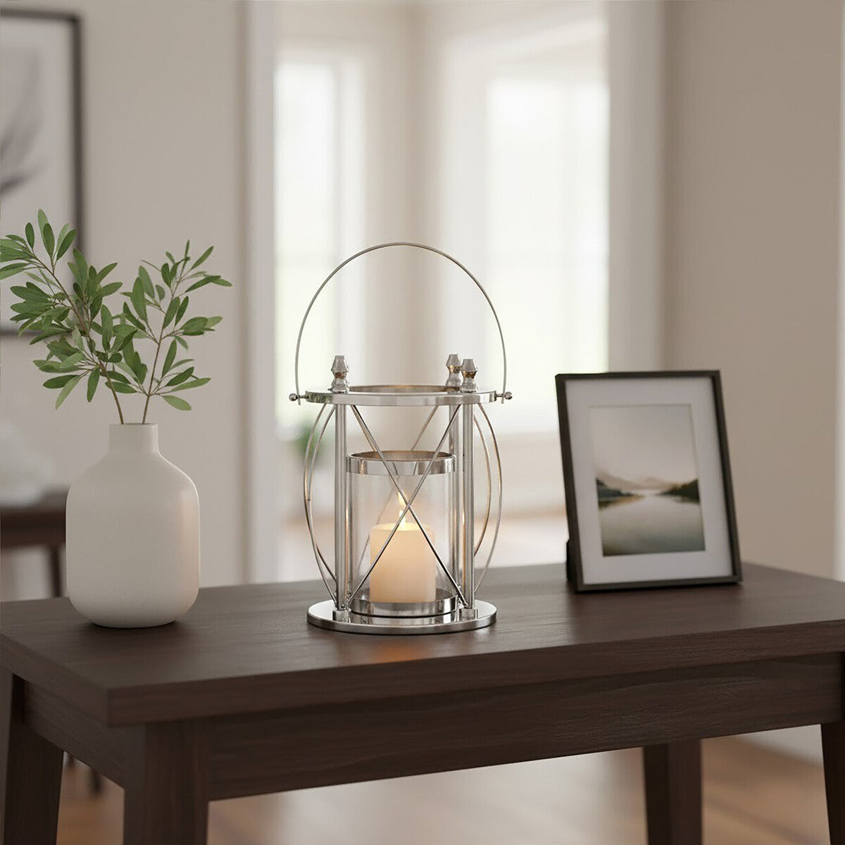 Orsina Cruzar Small Silver Lantern – Modern Steel and Glass Candle Holder