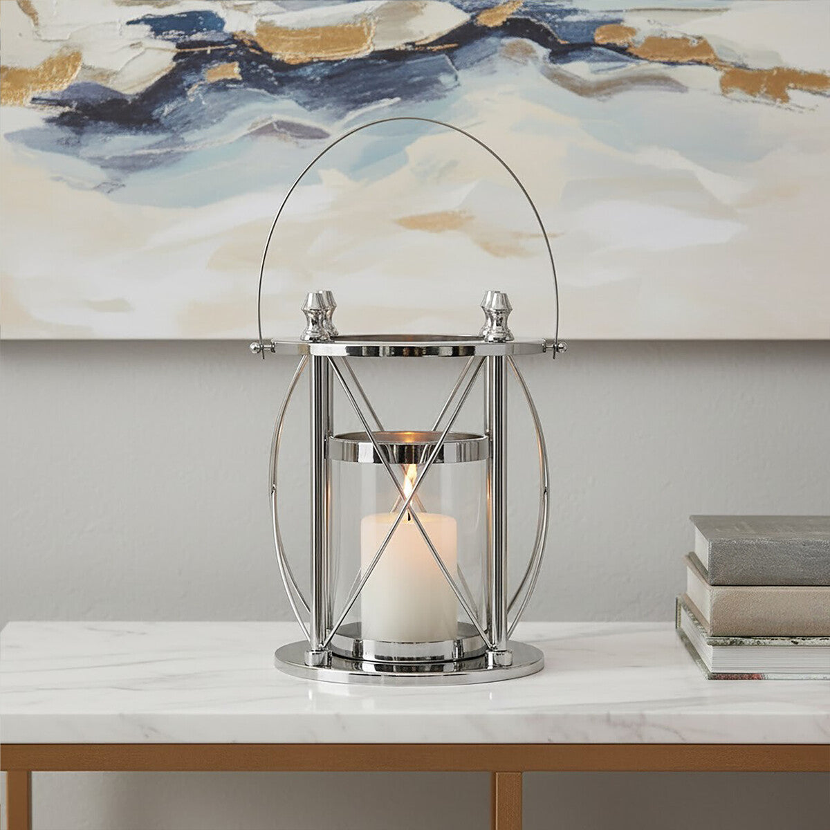 Orsina Cruzar Small Silver Lantern – Modern Steel and Glass Candle Holder