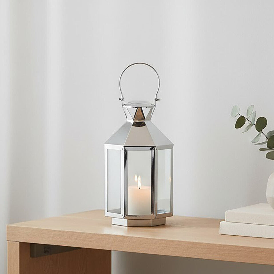 Orsina Herber Small Silver Stainless Steel Lantern | Modern Candle Holder