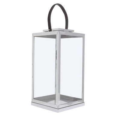 Orsina Herber Large Silver Steel Lantern with Black Leather Handle