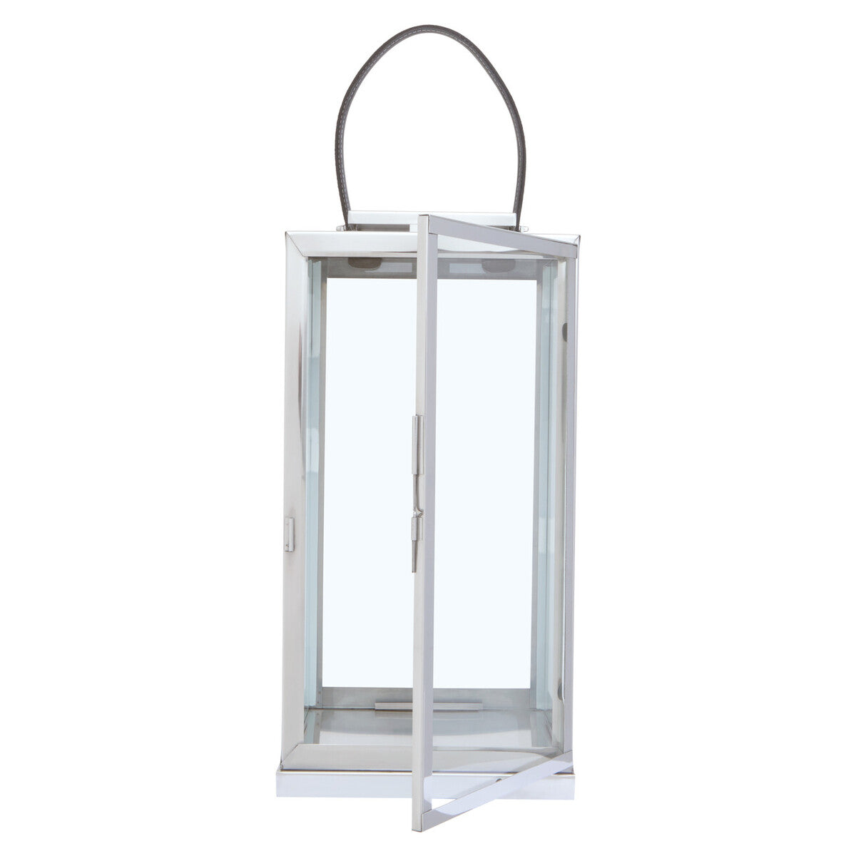 Orsina Herber Large Silver Steel Lantern with Black Leather Handle