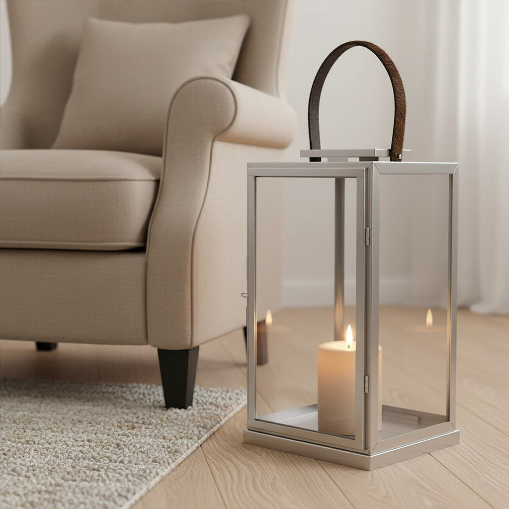 Orsina Herber Large Silver Steel Lantern with Black Leather Handle