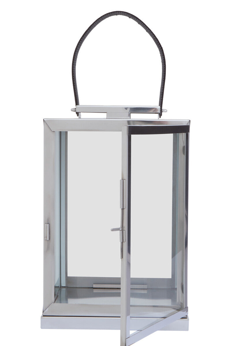 Orsina Herber Small Silver Steel Lantern with Black Leather Handle