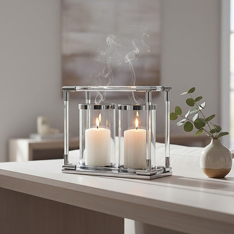 Orsina Lucita Double Candle Holder – Silver Steel and Acrylic Centerpiece