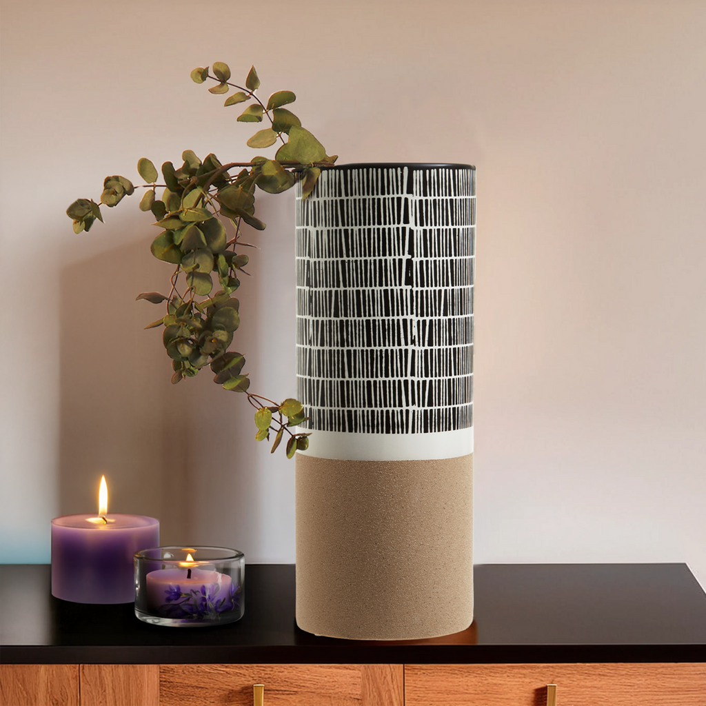 Orsina Jada Large Striped Vase – Tall Monochrome Ceramic Vessel