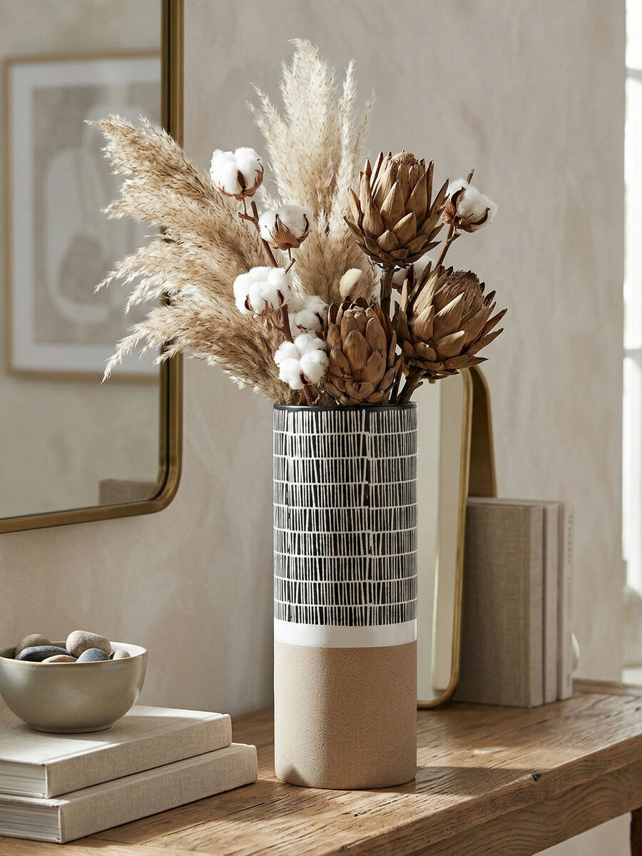 Orsina Jada Large Striped Vase – Tall Monochrome Ceramic Vessel