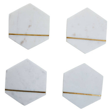 Orsina White Marble Coasters with Brass Inlay – Hexagon Set of 4