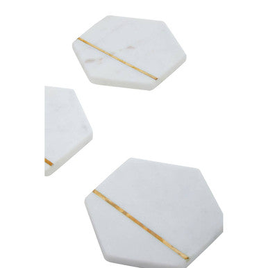 Orsina White Marble Coasters with Brass Inlay – Hexagon Set of 4
