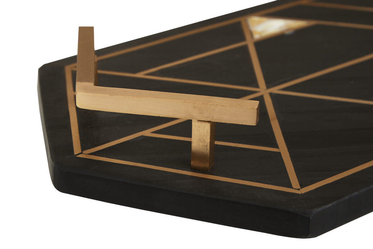 Orsina Oriana Black Slate Serving Tray with Gold Handles and Shell Inlay