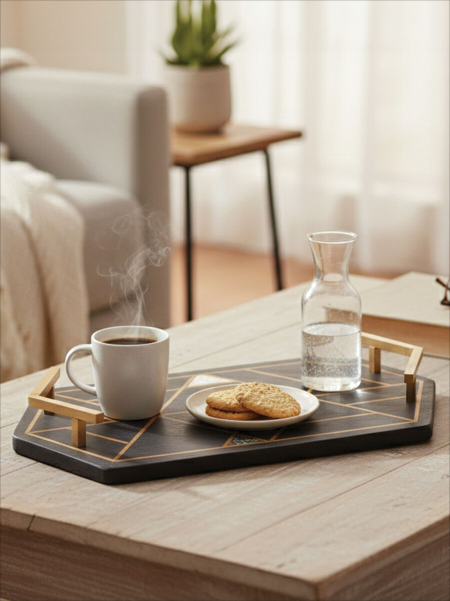 Orsina Oriana Black Slate Serving Tray with Gold Handles and Shell Inlay