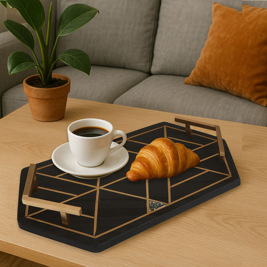 Orsina Oriana Black Slate Serving Tray with Gold Handles and Shell Inlay