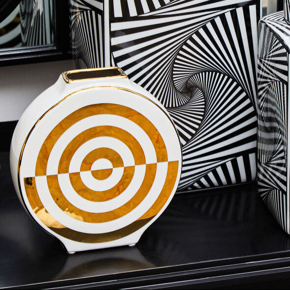 Orsina Curva Gold and White Ceramic Round Vase – Art Deco Style