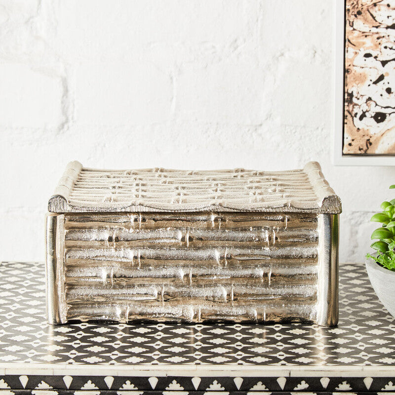 Orsina Hiba Large Silver Bamboo Effect Trinket Box | Decorative Storage