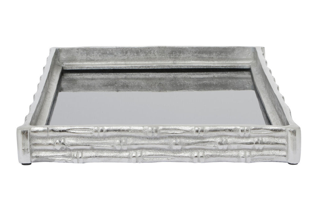 Orsina Hiba Mirrored Tray – Silver Finish Bamboo Effect Decor