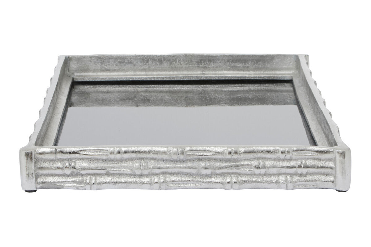 Orsina Hiba Mirrored Tray – Silver Finish Bamboo Effect Decor
