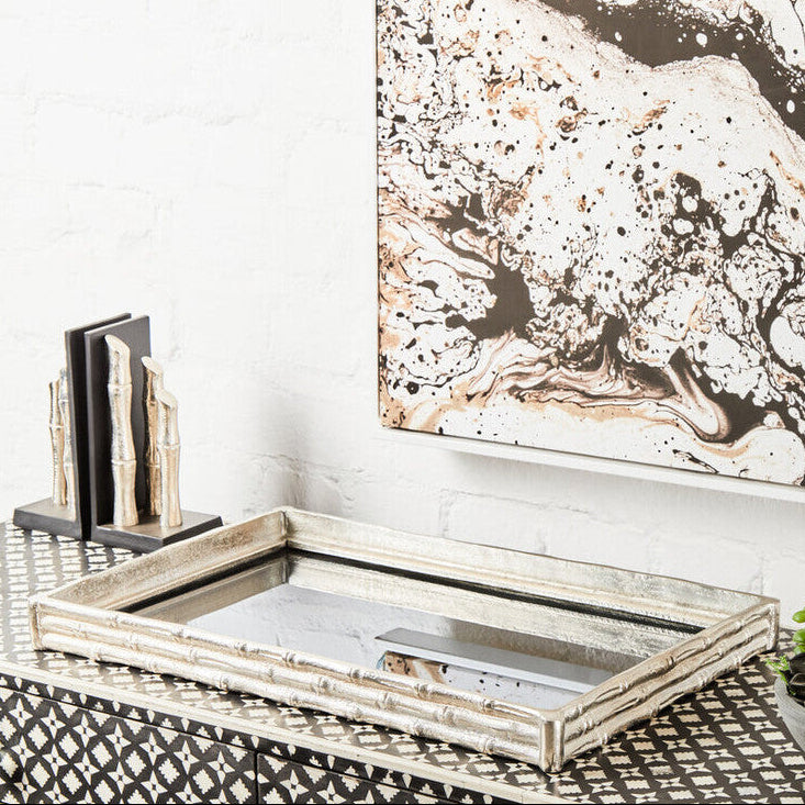 Orsina Hiba Mirrored Tray – Silver Finish Bamboo Effect Decor
