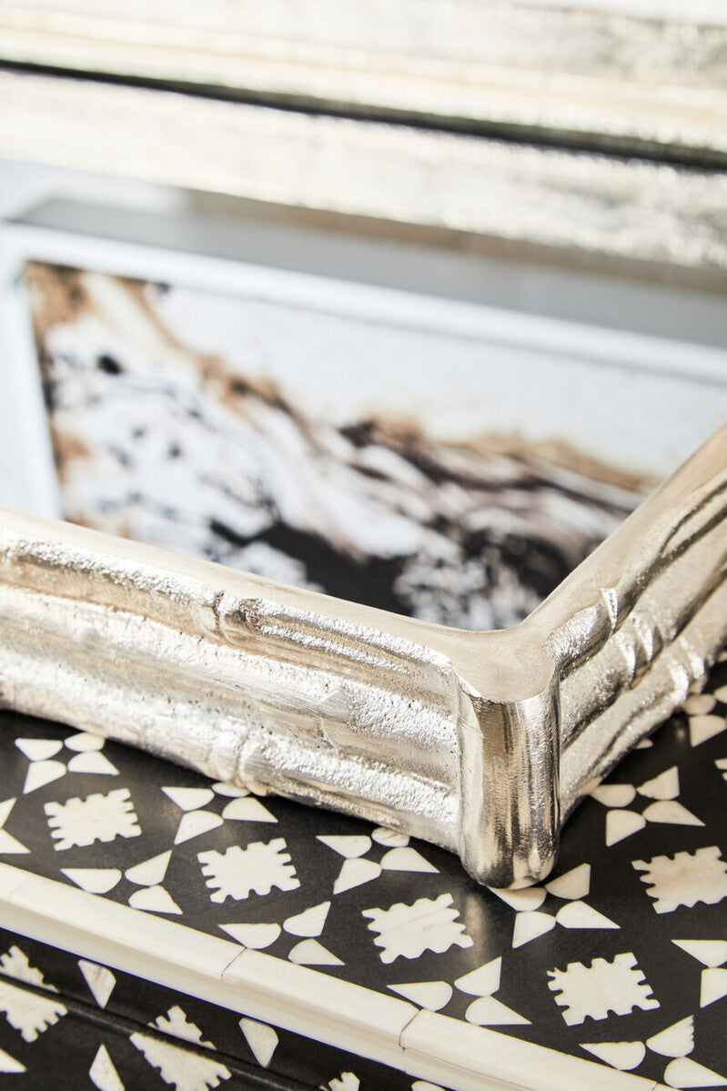 Orsina Hiba Mirrored Tray – Silver Finish Bamboo Effect Decor