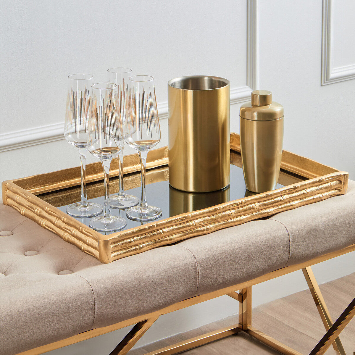 Orsina Hiba Mirrored Tray – Gold Finish Bamboo Effect Decorative Tray