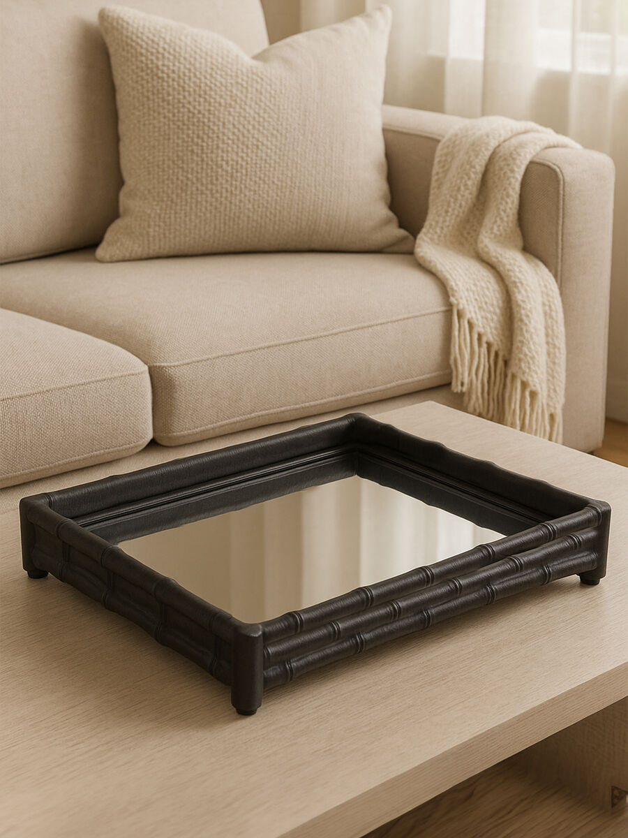 Orsina Hiba Mirrored Tray – Black Bamboo Effect Aluminium Decor