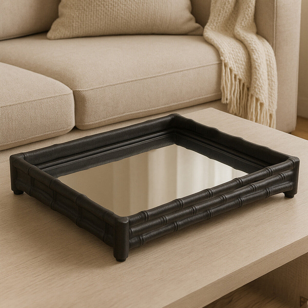 Orsina Hiba Mirrored Tray – Black Bamboo Effect Aluminium Decor