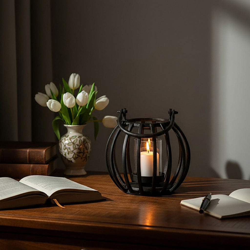 Orsina Aura Small Matte Black Metal Lantern – Modern Minimalist Decor