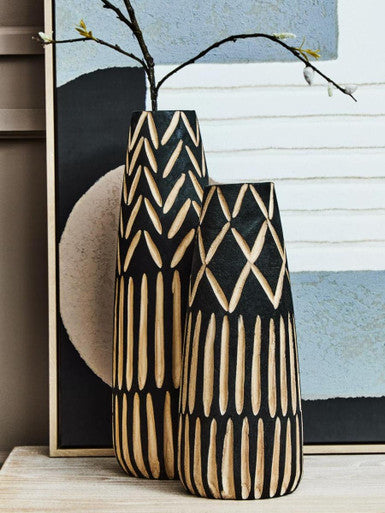 Orsina Arlo Small Engraved Wooden Vase – Earthy Black Boho Decor