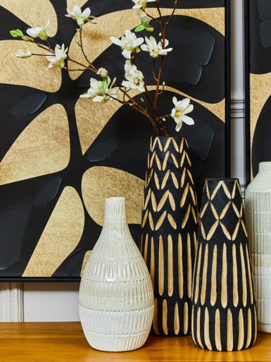 Orsina Arlo Large Wooden Engraved Floor Vase - Black and Natural