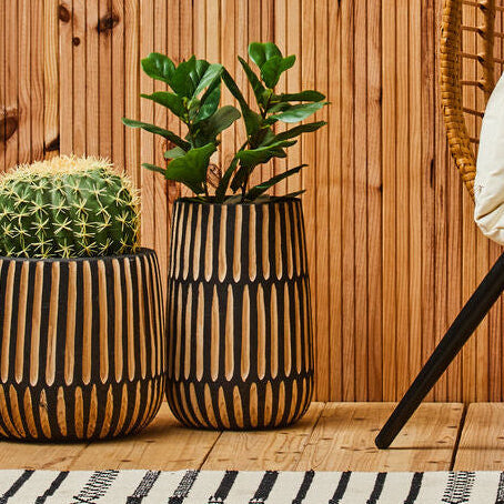Orsina Arlo Large Wooden Vase – Natural and Black Engraved Decor