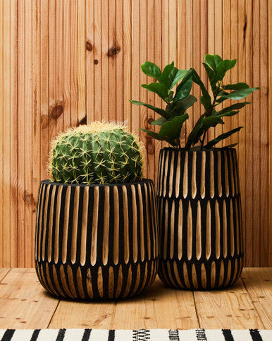 Orsina Arlo Large Wooden Vase – Natural and Black Engraved Decor