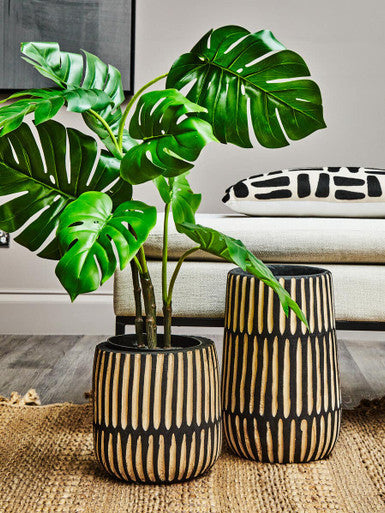 Orsina Arlo Large Wooden Vase – Natural and Black Engraved Decor