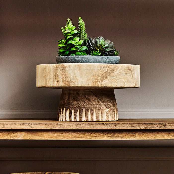 Orsina Arlo Natural Engraved Wood Pedestal Bowl – Round Centerpiece