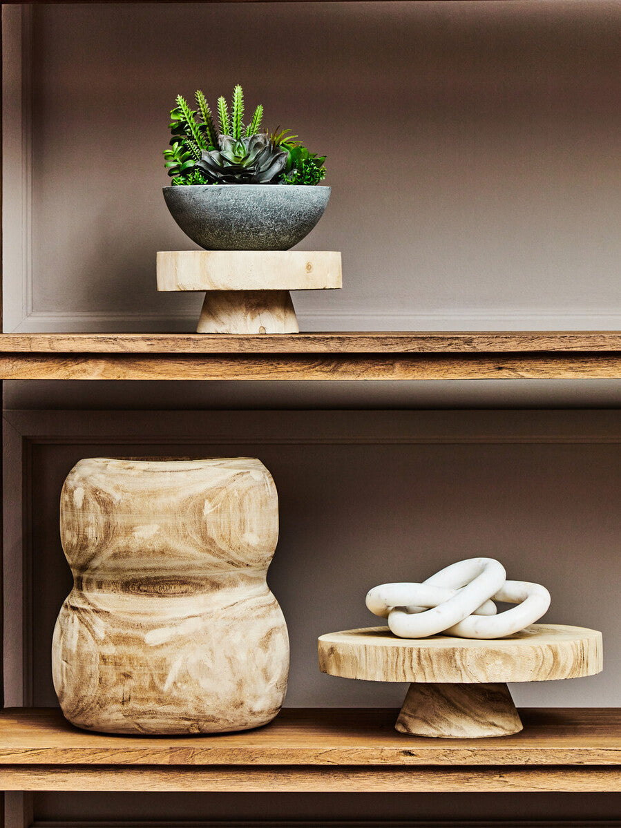 Orsina Arlo Natural Engraved Wood Pedestal Bowl – Round Centerpiece