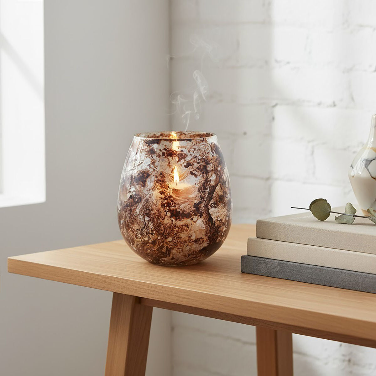 Orsina Garan Large Brown Marble Effect Glass Pillar Candle Holder