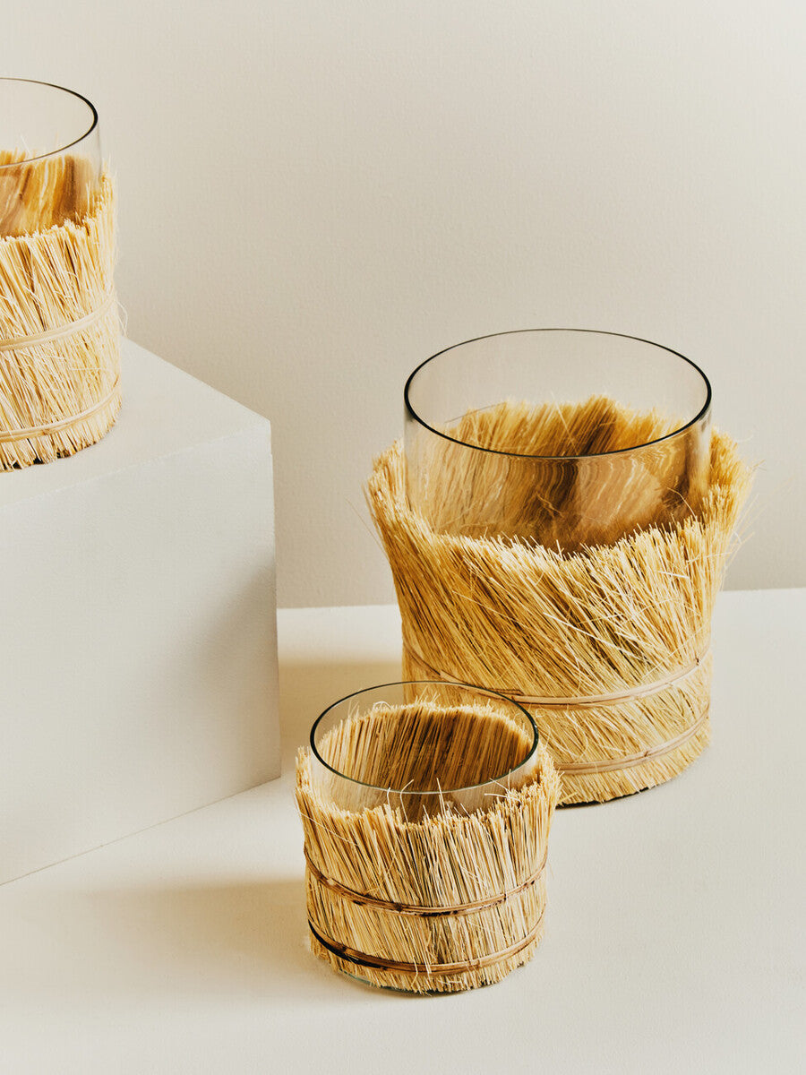 Orsina Kuta Large Candle Holder – Natural Raffia and Glass Coastal Decor