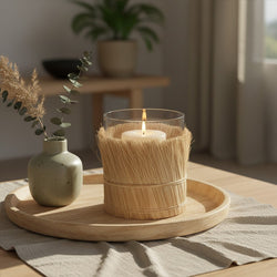 Orsina Kuta Large Candle Holder – Natural Raffia and Glass Coastal Decor