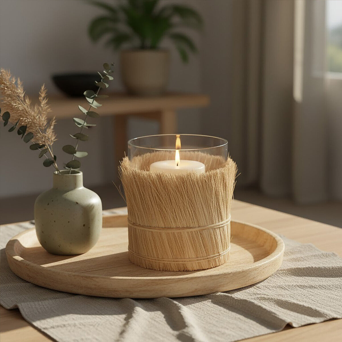 Orsina Kuta Large Candle Holder – Natural Raffia and Glass Coastal Decor