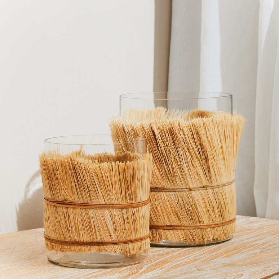 Orsina Kuta Natural Raffia and Glass Medium Candle Holder – Coastal Decor