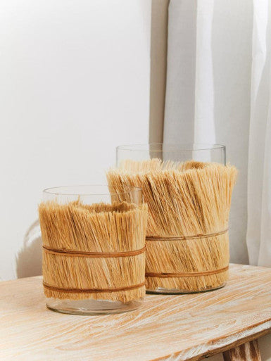 Orsina Kuta Natural Raffia and Glass Medium Candle Holder – Coastal Decor