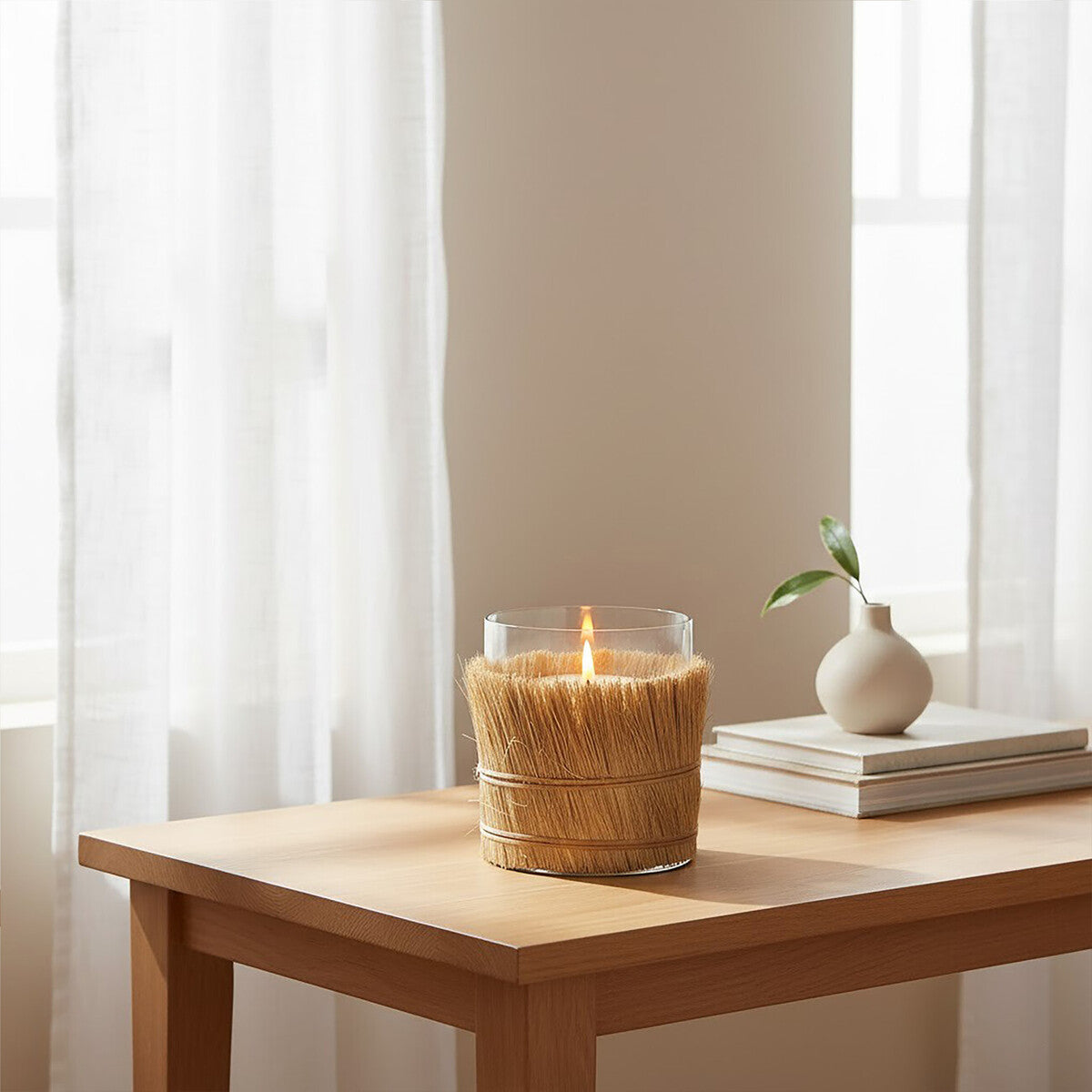 Orsina Kuta Natural Raffia and Glass Medium Candle Holder – Coastal Decor