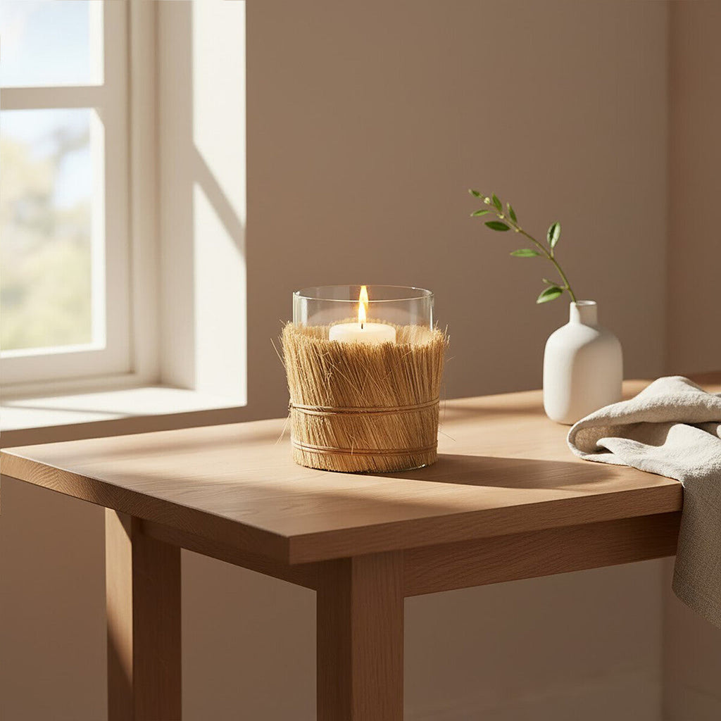 Orsina Kuta Natural Raffia and Glass Medium Candle Holder – Coastal Decor