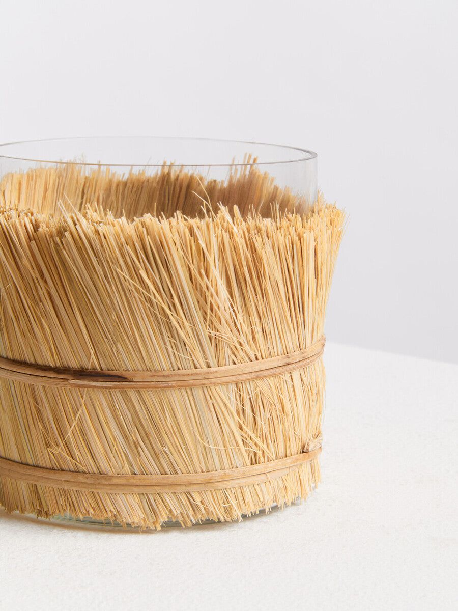 Orsina Kuta Small Glass Candle Holder with Natural Raffia Wrap